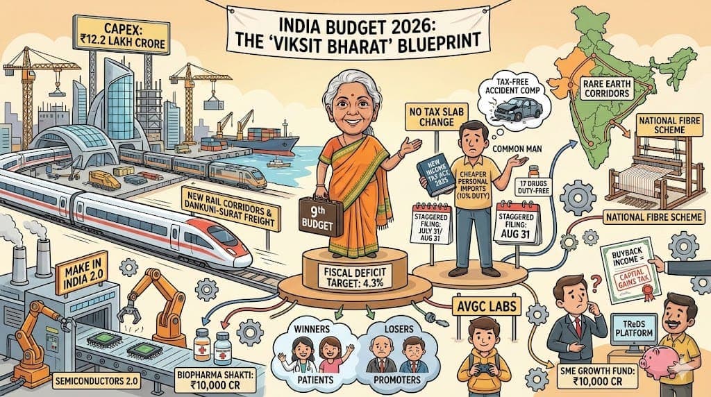 India Budget 2026 Decoded: No Tax Cuts, Cheaper Imports, and the ‘Viksit Bharat’ Push